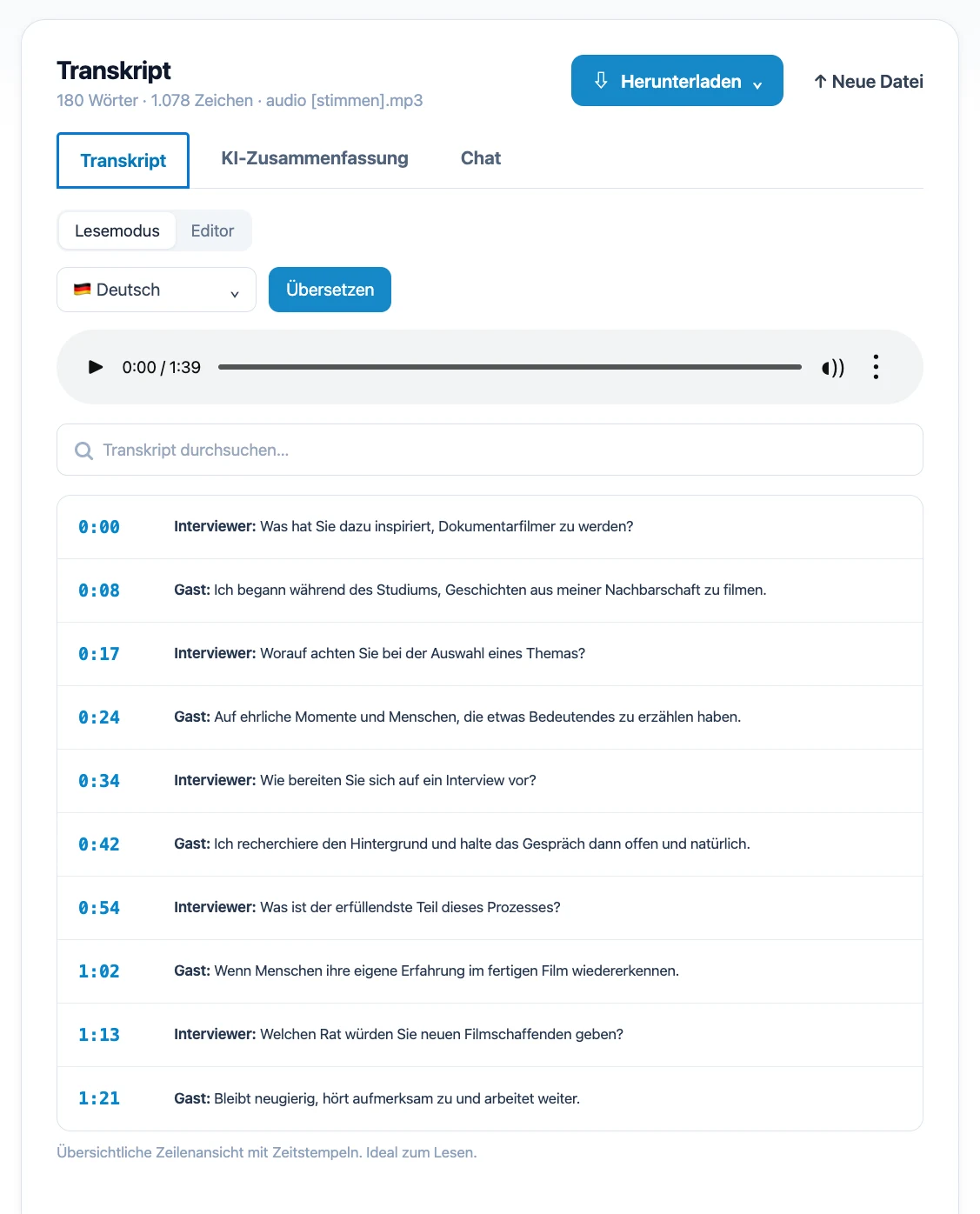 Mictoo-Vorschau eines auf Deutsch transkribierten Interviews mit Zeitstempeln und Übersetzungsfunktionen
