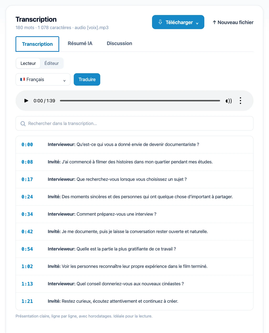 Aperçu Mictoo d’une interview transcrite en français avec horodatages et commandes de traduction