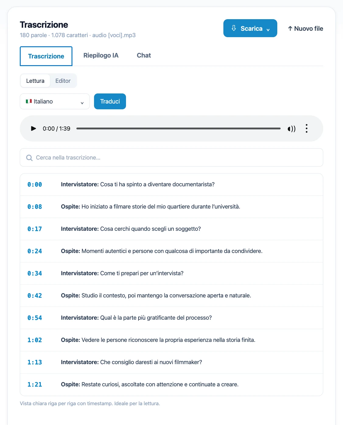 Anteprima Mictoo di un’intervista trascritta in italiano con timestamp e comandi di traduzione