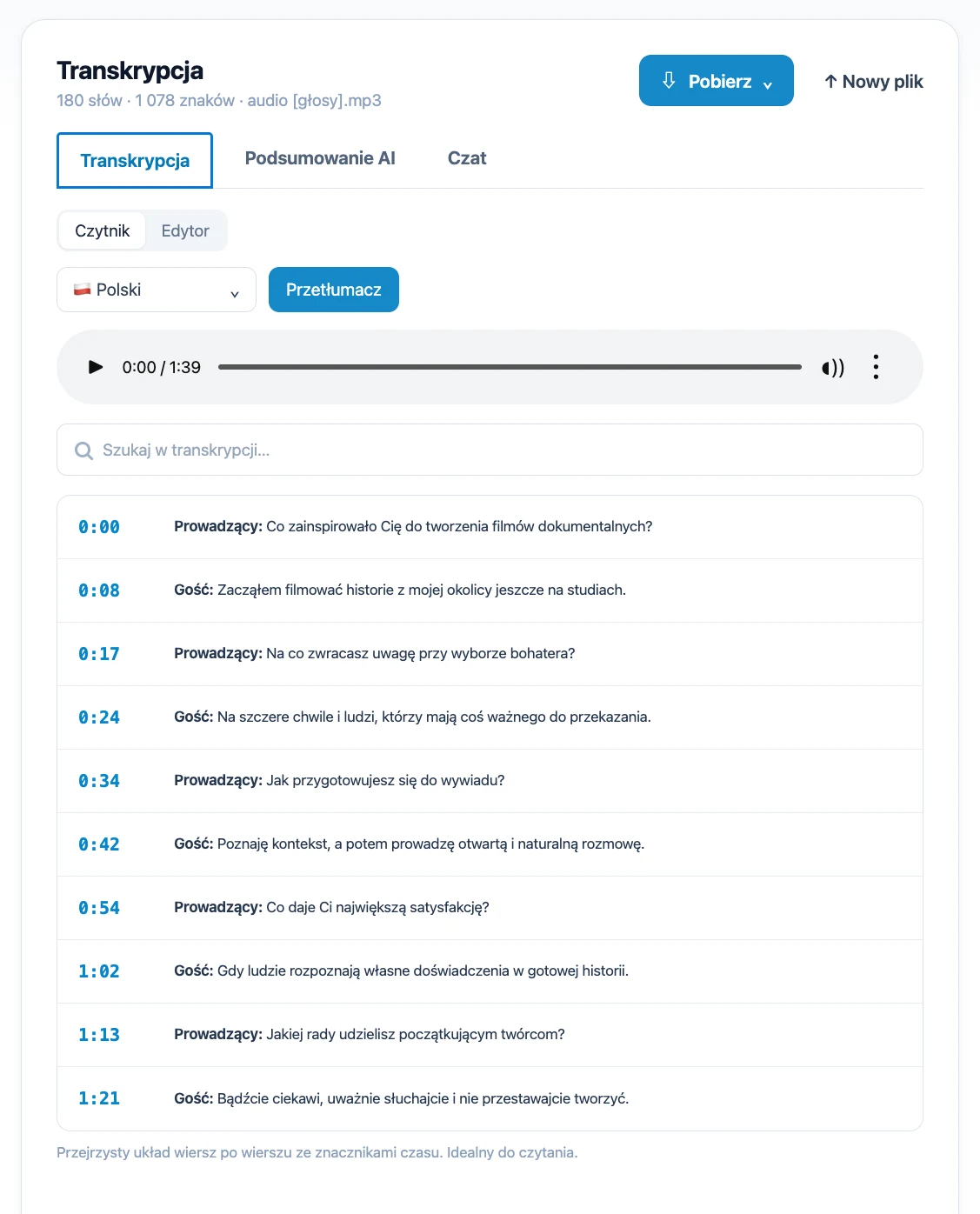 Podgląd Mictoo z wywiadem przepisanym po polsku, znacznikami czasu i tłumaczeniem