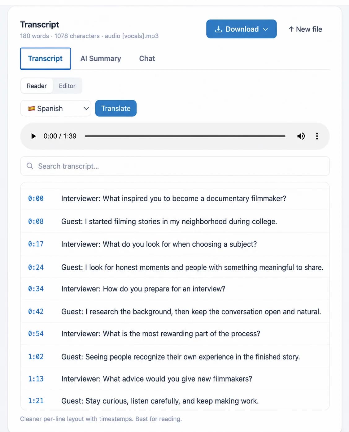 Mictoo transcript workspace showing an English transcript with timestamps and translation controls