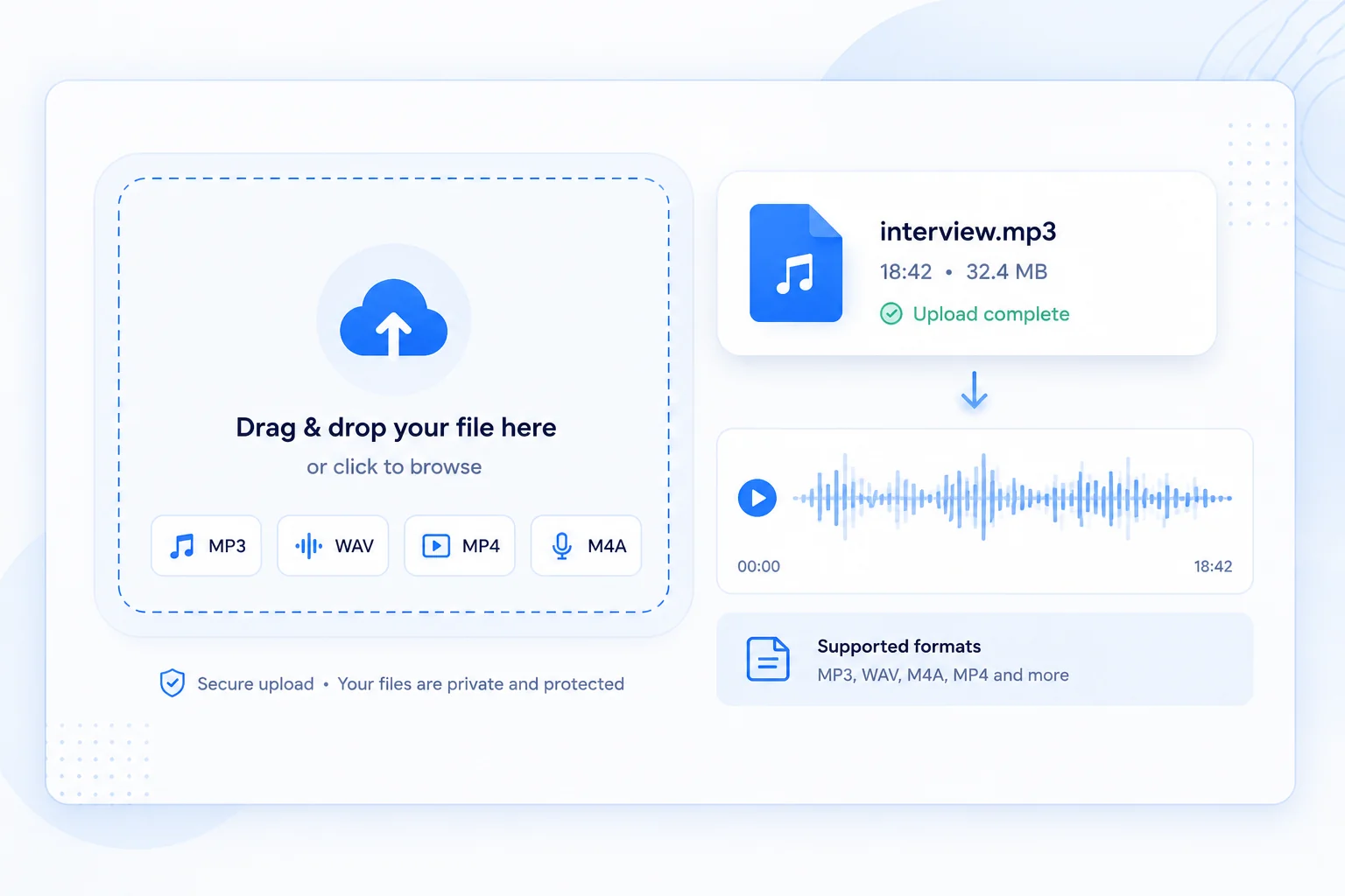 Drag and drop interview file into Mictoo, showing supported MP3, WAV, M4A and MP4 formats