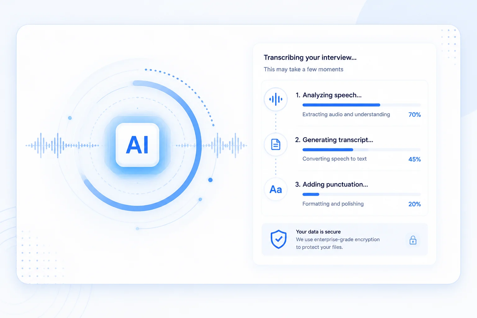 Mictoo AI transcribing an interview: analyzing speech, generating transcript, adding punctuation