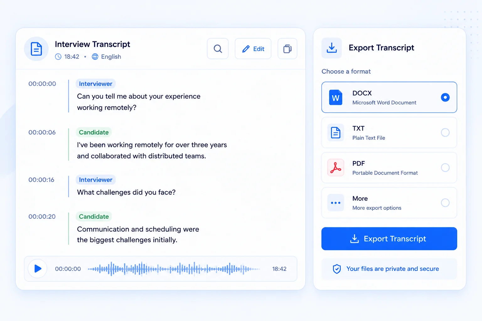 Interview transcript preview with timestamps, speaker labels, and export options (DOCX, TXT, PDF)